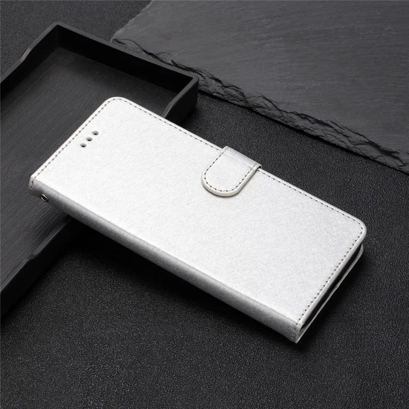 Flip Case for iPhone 11 Pro Max Silk Texture PU Leather Wallet Phone Foldable Stand Cover with Wrist Strap - Silver