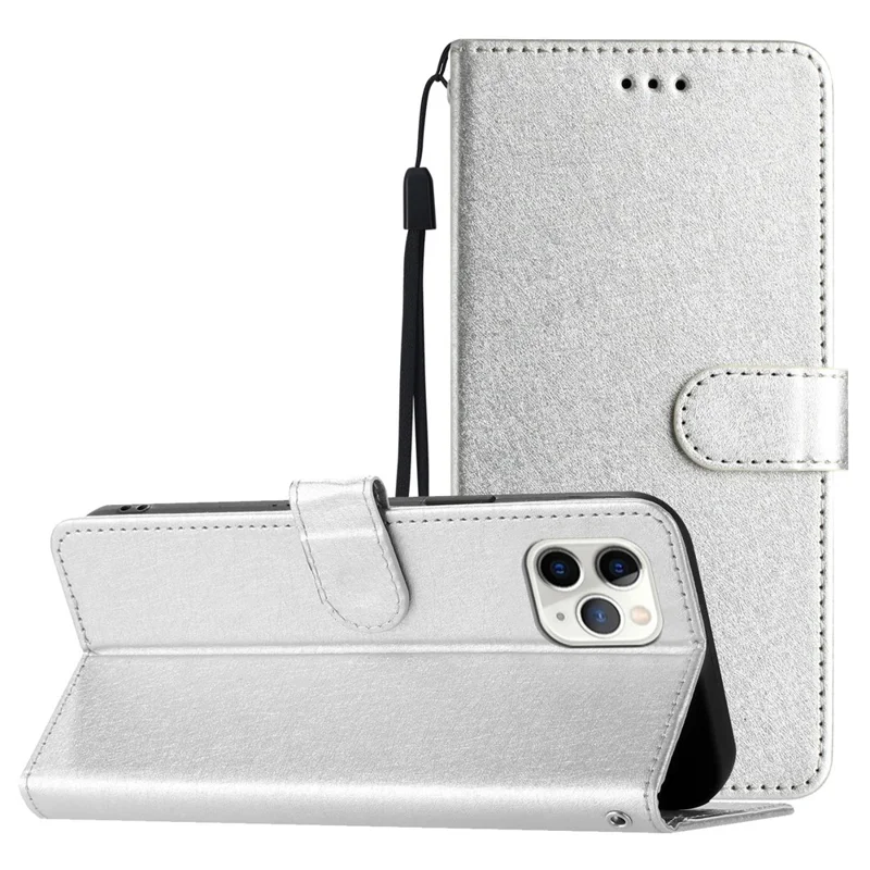 Flip Case for iPhone 11 Pro Max Silk Texture PU Leather Wallet Phone Foldable Stand Cover with Wrist Strap - Silver