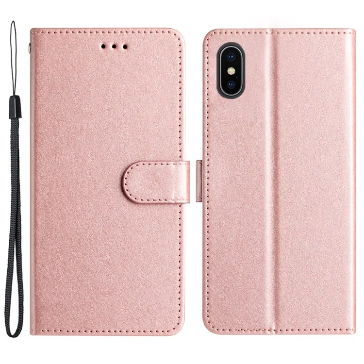 Capa de Couro PU para iPhone X / XS Capa de Telefone com Textura de Seda com Alça de Punho - Rose Gold