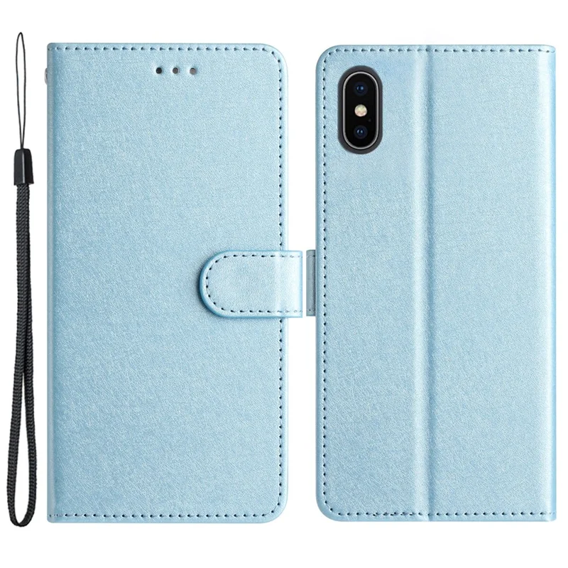 Étui en cuir PU pour iPhone X / XS Housse de téléphone en texture de soie avec support portefeuille et sangle de poignet - Bleu ciel