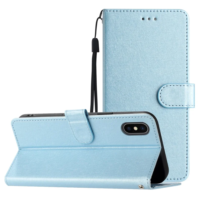Étui en cuir PU pour iPhone X / XS Housse de téléphone en texture de soie avec support portefeuille et sangle de poignet - Bleu ciel
