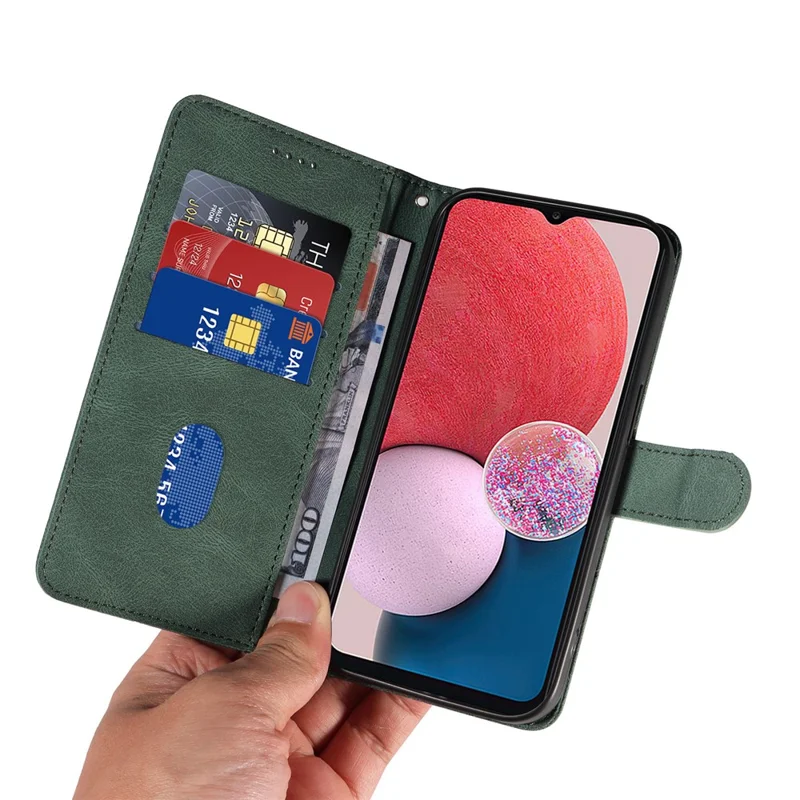 For Samsung Galaxy A13 4G / 5G Wallet Phone Cover PU Leather Imprinted Line Case with Stand - Green