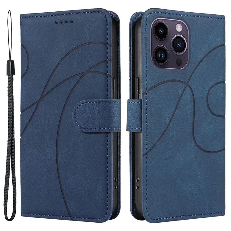 For iPhone 15 Pro Max Wallet Leather Phone Case Imprinted Line Stand Flip Cover with Strap - Blue
