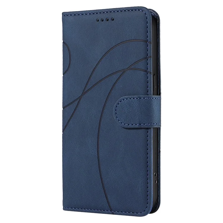 For iPhone 15 Pro Max Wallet Leather Phone Case Imprinted Line Stand Flip Cover with Strap - Blue