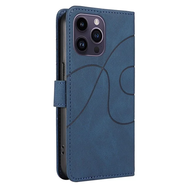 For iPhone 15 Pro Max Wallet Leather Phone Case Imprinted Line Stand Flip Cover with Strap - Blue