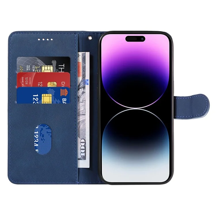 For iPhone 15 Pro Max Wallet Leather Phone Case Imprinted Line Stand Flip Cover with Strap - Blue