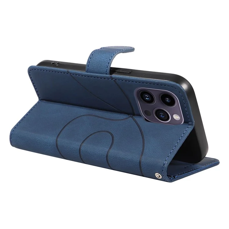 For iPhone 15 Pro Max Wallet Leather Phone Case Imprinted Line Stand Flip Cover with Strap - Blue