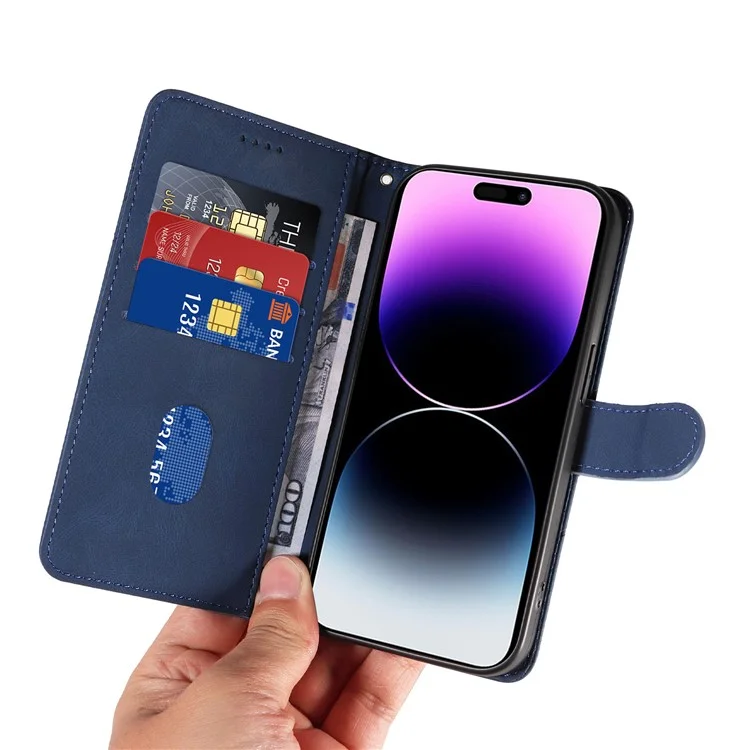 For iPhone 15 Pro Max Wallet Leather Phone Case Imprinted Line Stand Flip Cover with Strap - Blue