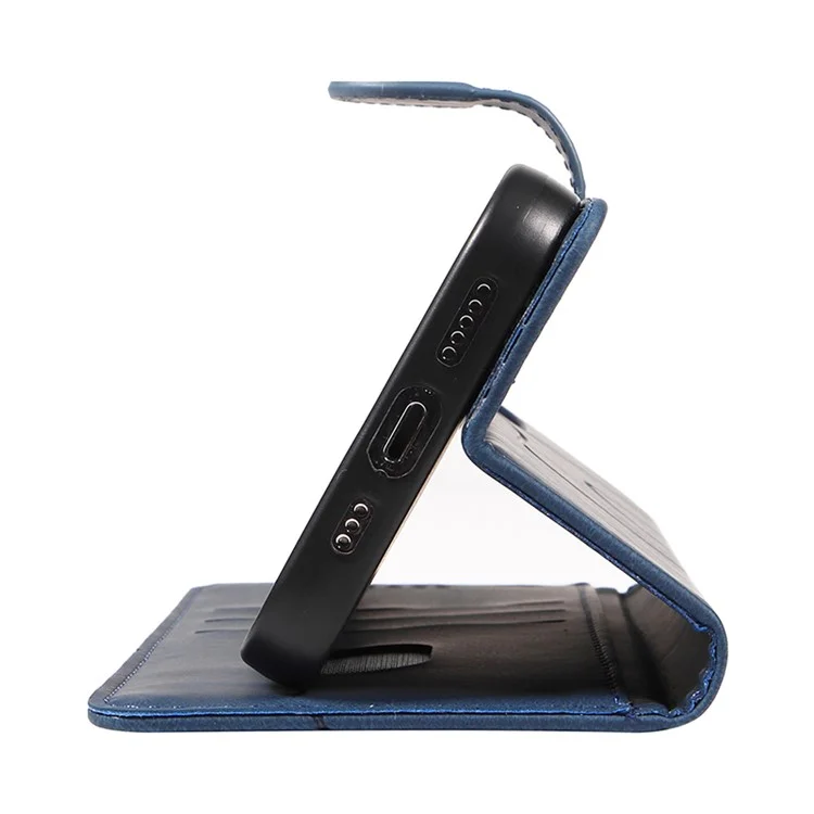 For iPhone 15 Pro Max Wallet Leather Phone Case Imprinted Line Stand Flip Cover with Strap - Blue