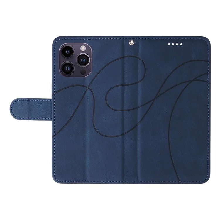 For iPhone 15 Pro Max Wallet Leather Phone Case Imprinted Line Stand Flip Cover with Strap - Blue