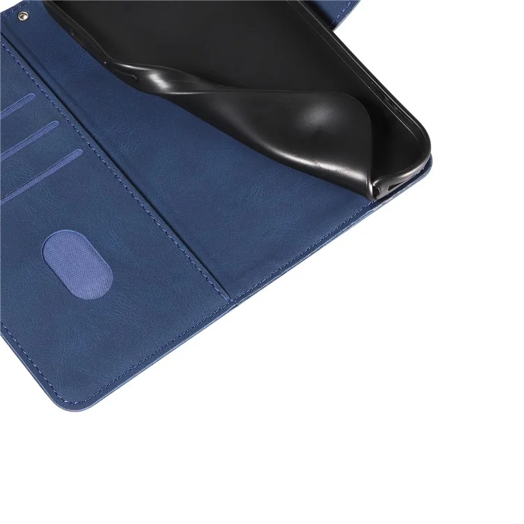 For iPhone 15 Pro Max Wallet Leather Phone Case Imprinted Line Stand Flip Cover with Strap - Blue