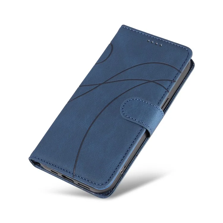 For iPhone 15 Pro Max Wallet Leather Phone Case Imprinted Line Stand Flip Cover with Strap - Blue