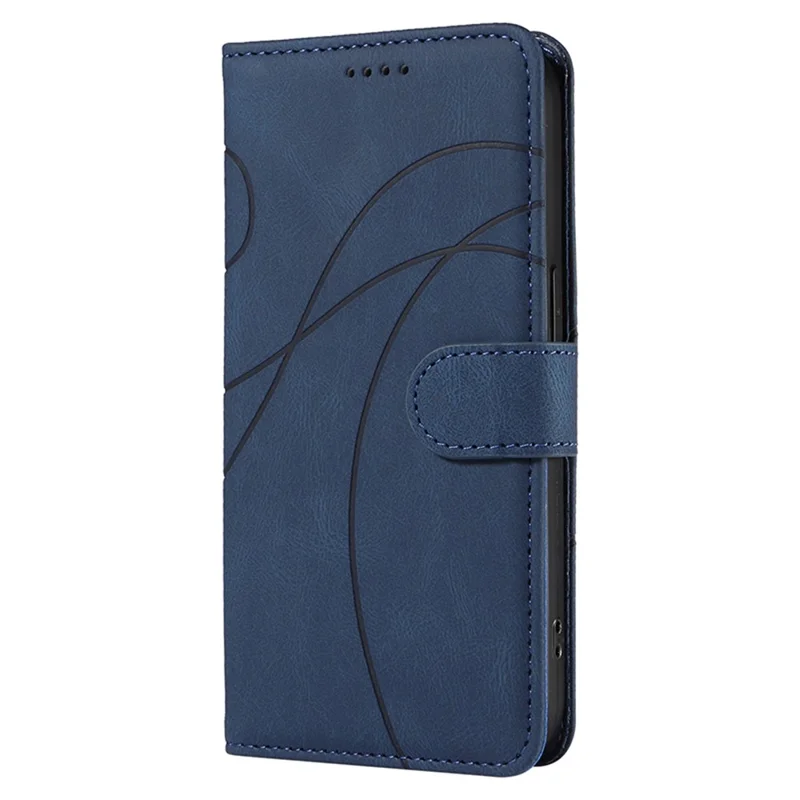 For iPhone 11 PU Leather Folio Case Wallet Stand Imprinted Line Phone Cover with Strap - Blue