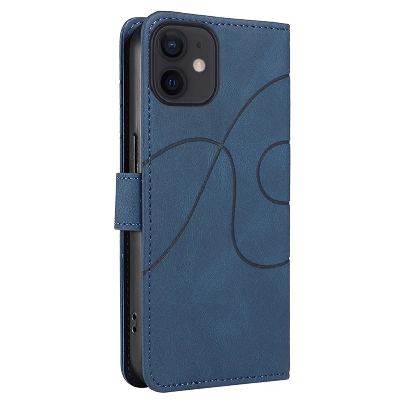 For iPhone 11 PU Leather Folio Case Wallet Stand Imprinted Line Phone Cover with Strap - Blue