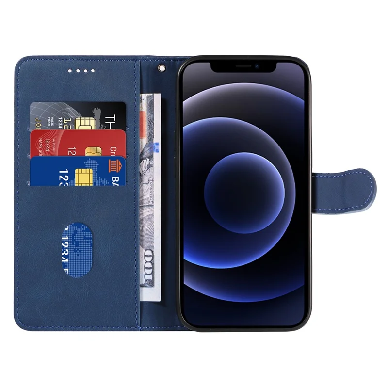 For iPhone 11 PU Leather Folio Case Wallet Stand Imprinted Line Phone Cover with Strap - Blue