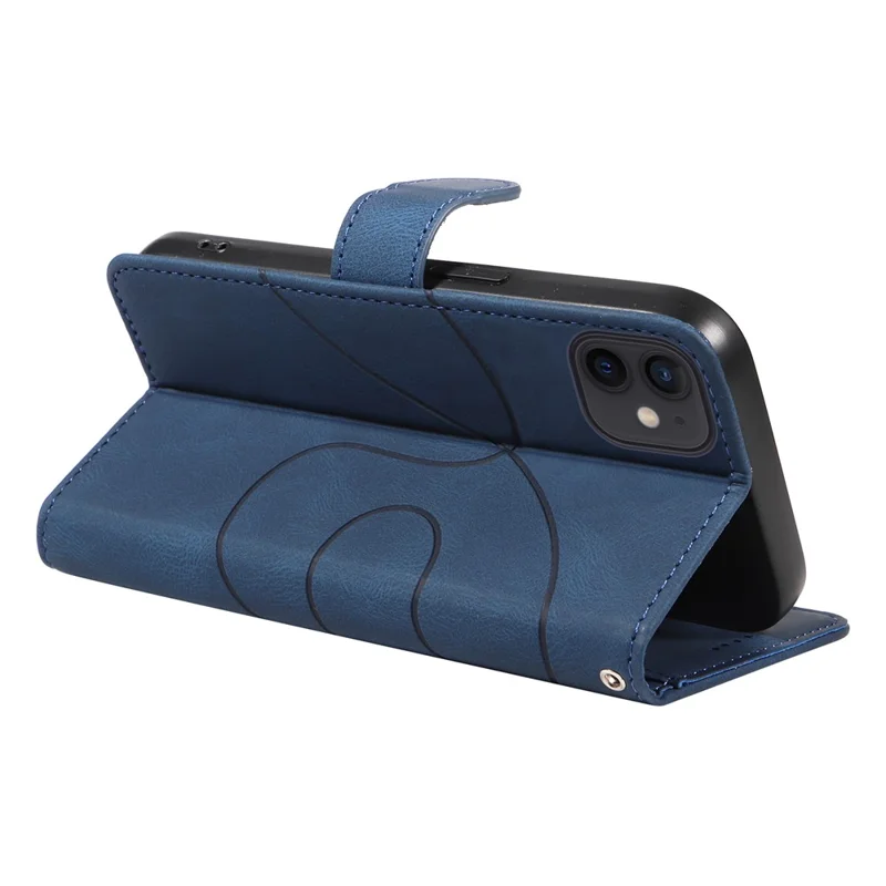 For iPhone 11 PU Leather Folio Case Wallet Stand Imprinted Line Phone Cover with Strap - Blue