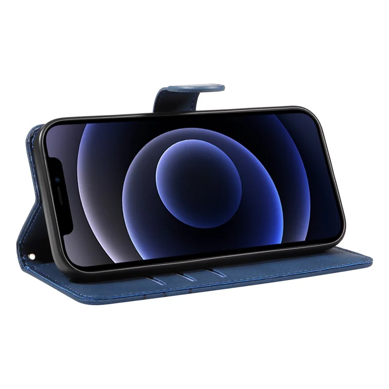 For iPhone 11 PU Leather Folio Case Wallet Stand Imprinted Line Phone Cover with Strap - Blue