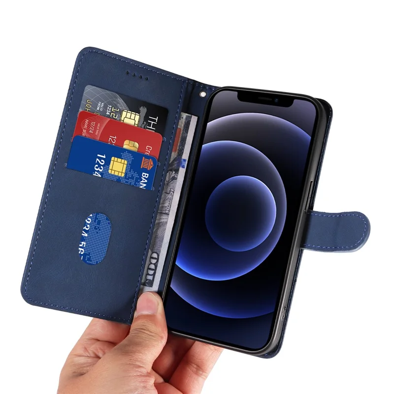 For iPhone 11 PU Leather Folio Case Wallet Stand Imprinted Line Phone Cover with Strap - Blue