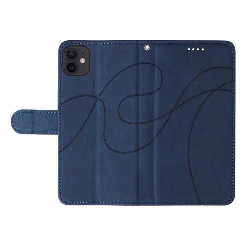 For iPhone 11 PU Leather Folio Case Wallet Stand Imprinted Line Phone Cover with Strap - Blue