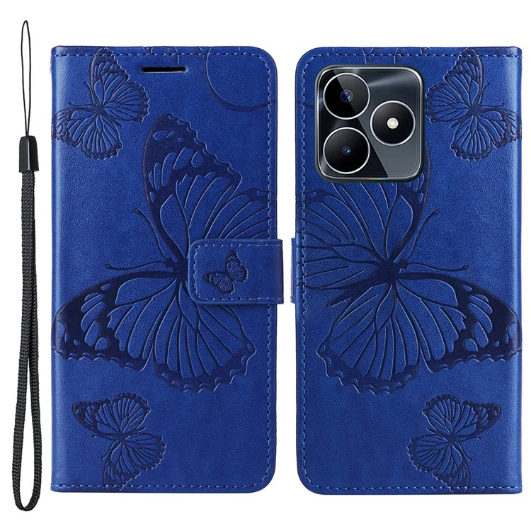 KT Imprinting Flower Series-2 Pour Realme C53 (Global) / C53 (Inde) / C51 Étui de Téléphone en Portefeuille en Cuir PU avec Motif Papillon, Support Pliable - Bleu