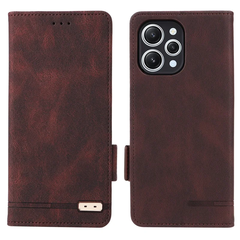Voor Xiaomi Redmi 12 4G Hardware Decor PU Leather Wallet Hoesje Stand Beschermhoes - Koffie