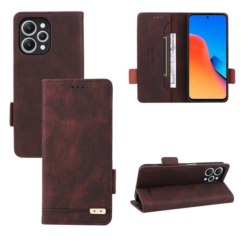 Voor Xiaomi Redmi 12 4G Hardware Decor PU Leather Wallet Hoesje Stand Beschermhoes - Koffie