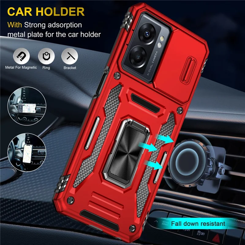 Série de Armadura Para o Oppo A77 4G / A54 4G Slide Lens Protection Case PC+TPU Anti-drop Kickstand Cover - Vermelho