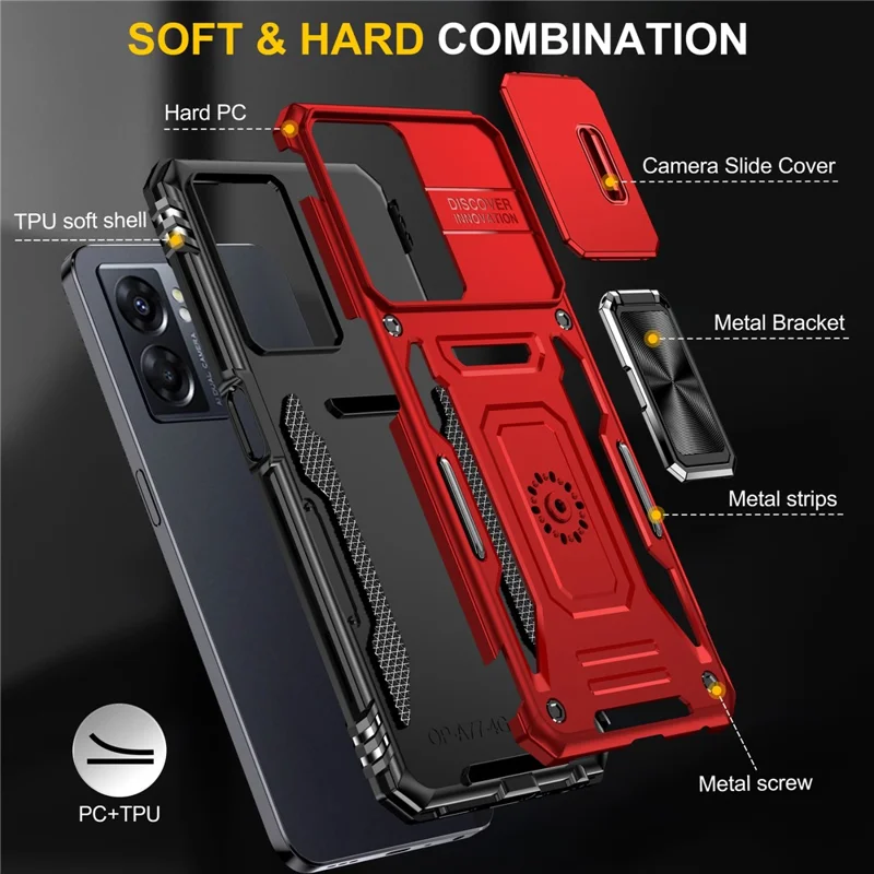 Série de Armadura Para o Oppo A77 4G / A54 4G Slide Lens Protection Case PC+TPU Anti-drop Kickstand Cover - Vermelho