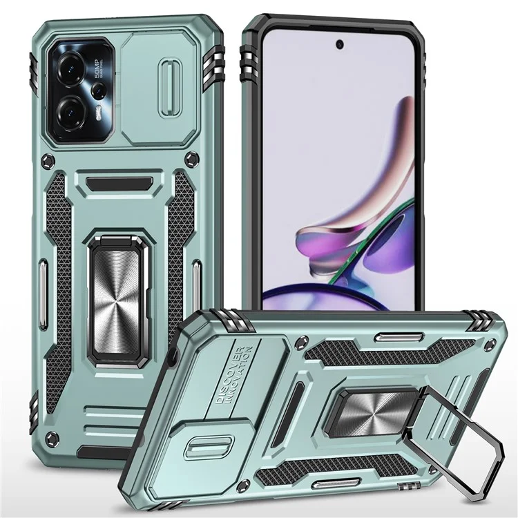 Для Motorola Moto G23 4G / G13 4G Armor Series Metal Kickstand Cover Slide Lens Lid PC+TPU Phone Case - Green