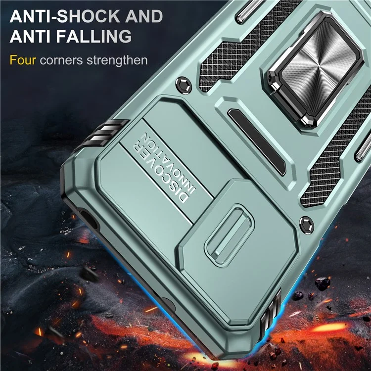Для Motorola Moto G23 4G / G13 4G Armor Series Metal Kickstand Cover Slide Lens Lid PC+TPU Phone Case - Green
