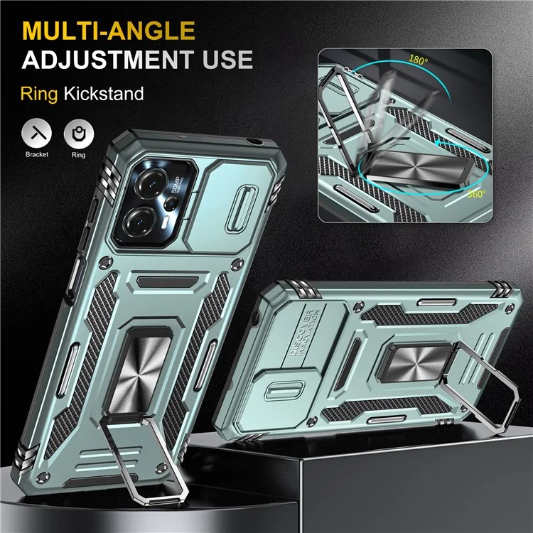 Для Motorola Moto G23 4G / G13 4G Armor Series Metal Kickstand Cover Slide Lens Lid PC+TPU Phone Case - Green