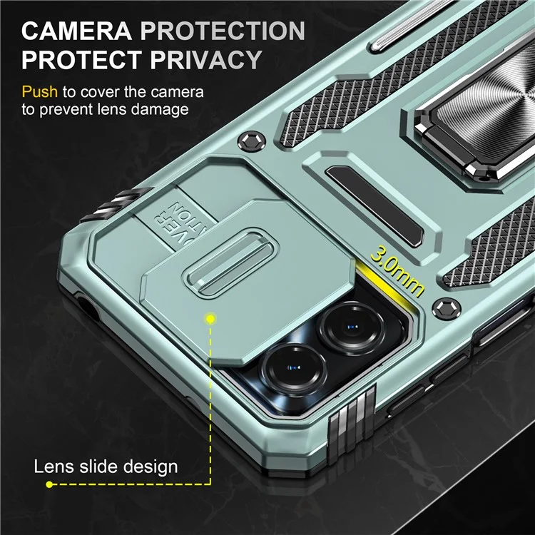 Для Motorola Moto G23 4G / G13 4G Armor Series Metal Kickstand Cover Slide Lens Lid PC+TPU Phone Case - Green