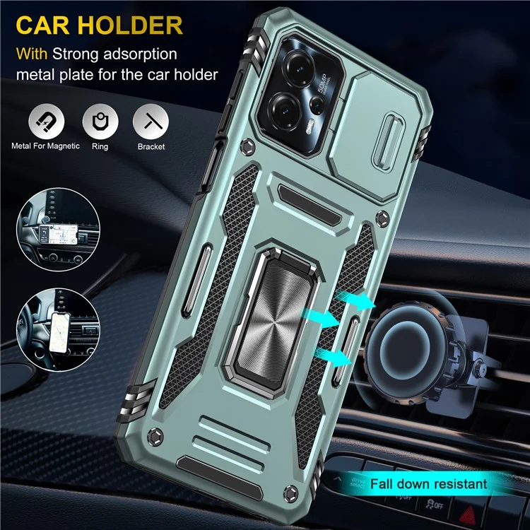 Для Motorola Moto G23 4G / G13 4G Armor Series Metal Kickstand Cover Slide Lens Lid PC+TPU Phone Case - Green