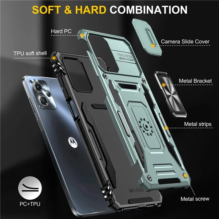 Для Motorola Moto G23 4G / G13 4G Armor Series Metal Kickstand Cover Slide Lens Lid PC+TPU Phone Case - Green
