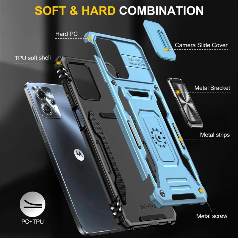 Para Motorola Moto G23 4G / G13 4G Série Armor Capa de Suporte Metálico com Suporte Retrátil - Azul Claro