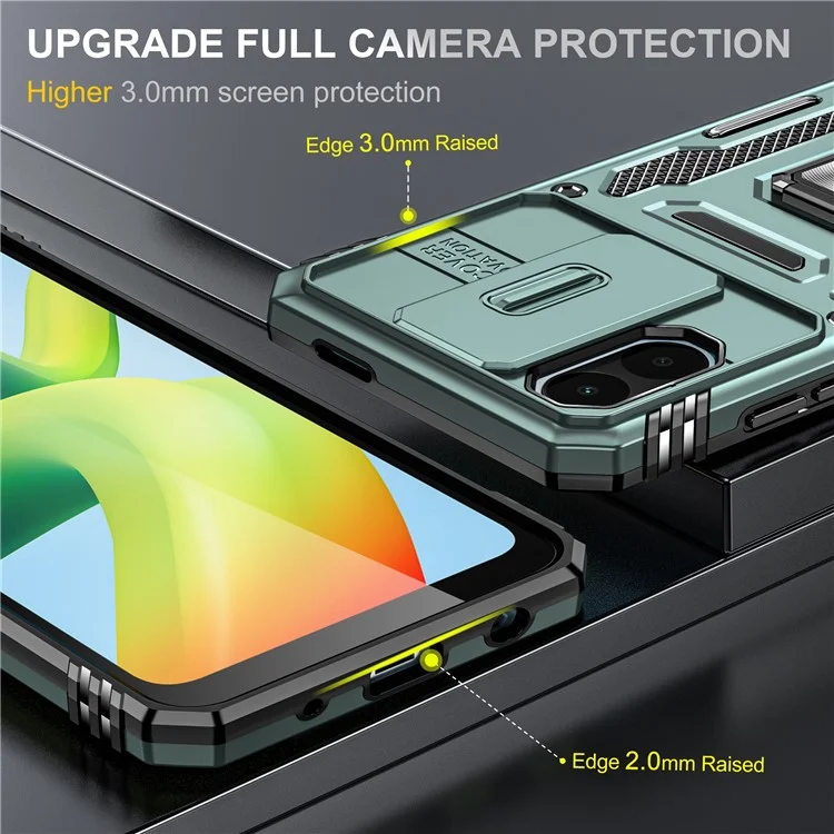 Serie Armor per Xiaomi Poco C50 4G / Redmi A1+ 4G / A2+ 4G Copertura scorrevole obiettivo Supporto di ripiegamento Custodia PC+TPU - Verde