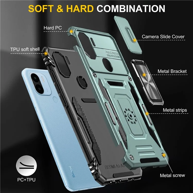 Serie Armor per Xiaomi Poco C50 4G / Redmi A1+ 4G / A2+ 4G Copertura scorrevole obiettivo Supporto di ripiegamento Custodia PC+TPU - Verde