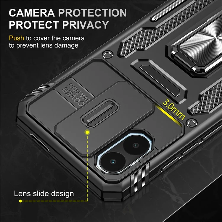 Serie Armor para Xiaomi Poco C50 4G / Redmi A1+ 4G / A2+ 4G Tapa de Objetivo con Soporte Plegable Cubierta PC+TPU - Negro