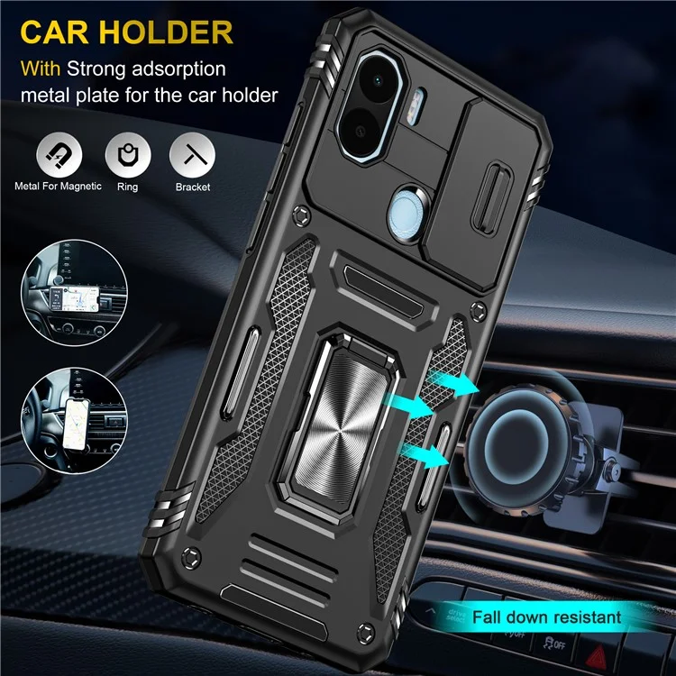 Serie Armor para Xiaomi Poco C50 4G / Redmi A1+ 4G / A2+ 4G Tapa de Objetivo con Soporte Plegable Cubierta PC+TPU - Negro