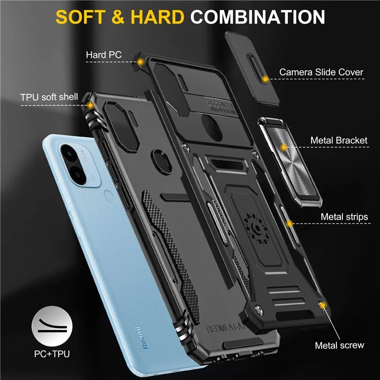 Serie Armor para Xiaomi Poco C50 4G / Redmi A1+ 4G / A2+ 4G Tapa de Objetivo con Soporte Plegable Cubierta PC+TPU - Negro