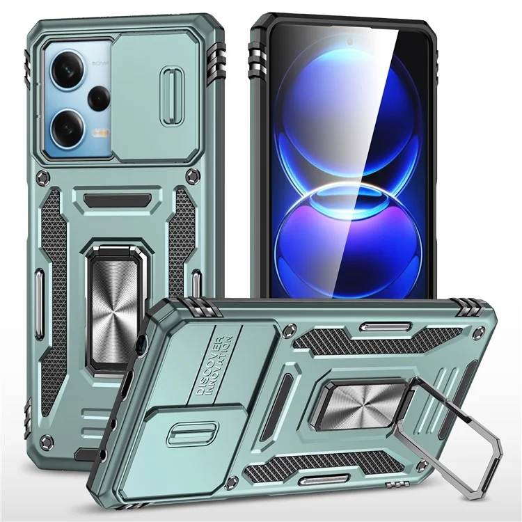 Per Xiaomi Redmi Note 12 5G (Global) / (India) / (China) / Poco X5 5G Slide Lens Lid PC+TPU Phone Case Supporto Kickstand Back Cover - Verde