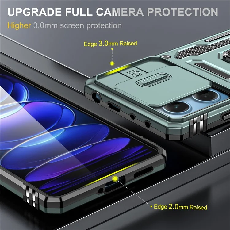 Per Xiaomi Redmi Note 12 5G (Global) / (India) / (China) / Poco X5 5G Slide Lens Lid PC+TPU Phone Case Supporto Kickstand Back Cover - Verde
