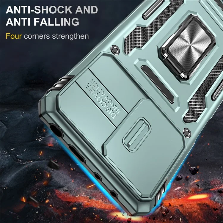 Armor-Serie für Xiaomi Poco X5 Pro 5G / Redmi Note 12 Pro Speed 5G / Note 12 Pro 5G Slide Lens Lid Phone Case Kickstand PC+TPU Cover - Grün