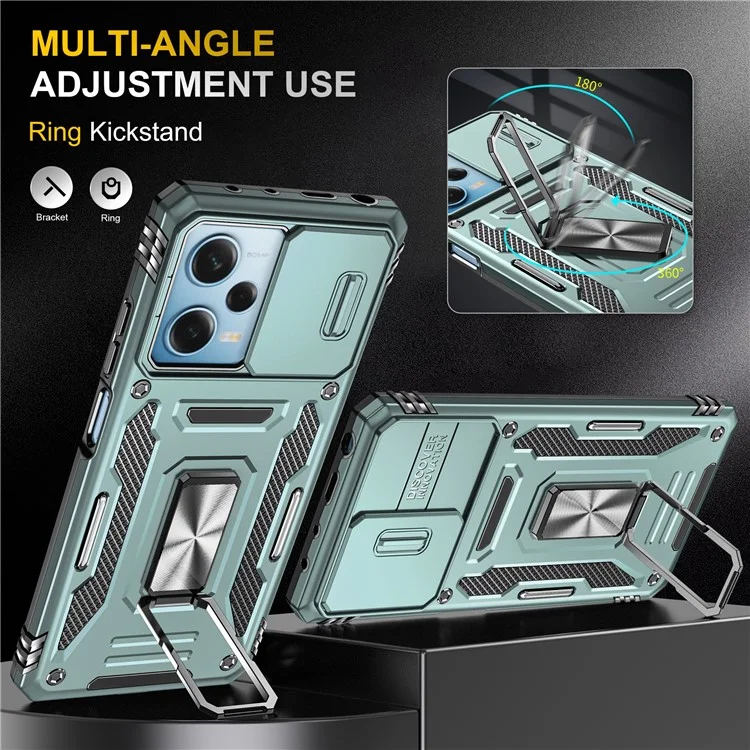 Armor-Serie für Xiaomi Poco X5 Pro 5G / Redmi Note 12 Pro Speed 5G / Note 12 Pro 5G Slide Lens Lid Phone Case Kickstand PC+TPU Cover - Grün