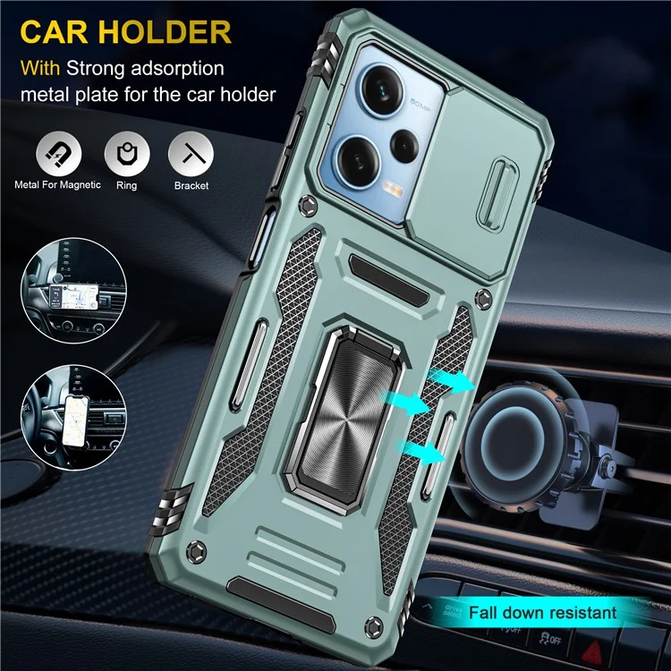 Armor-Serie für Xiaomi Poco X5 Pro 5G / Redmi Note 12 Pro Speed 5G / Note 12 Pro 5G Slide Lens Lid Phone Case Kickstand PC+TPU Cover - Grün