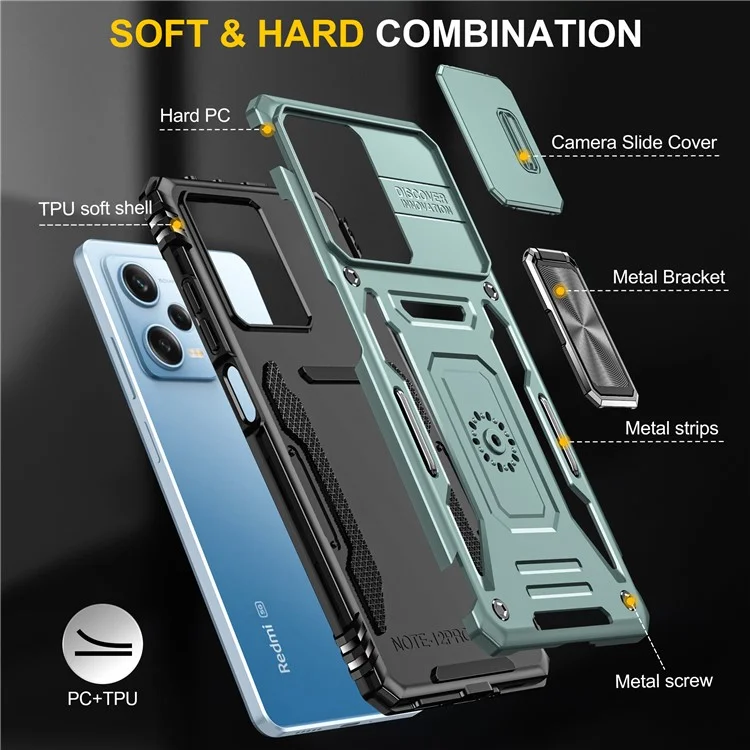 Armor-Serie für Xiaomi Poco X5 Pro 5G / Redmi Note 12 Pro Speed 5G / Note 12 Pro 5G Slide Lens Lid Phone Case Kickstand PC+TPU Cover - Grün