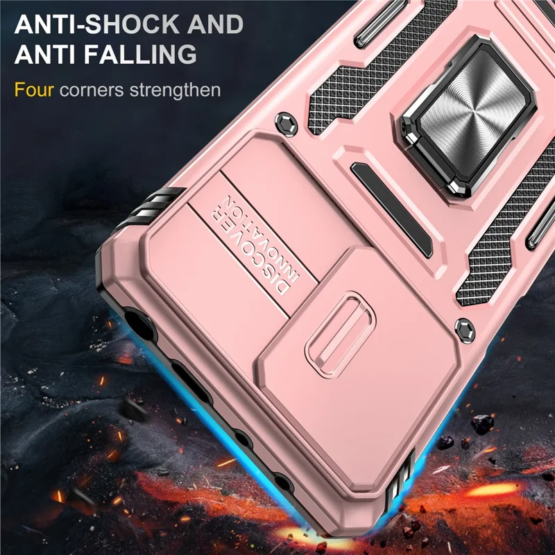Série Armure pour Xiaomi Poco X5 Pro 5G / Redmi Note 12 Pro Speed 5G / Note 12 Pro 5G Couvercle de lentille coulissante Étui de téléphone avec support - Or rose