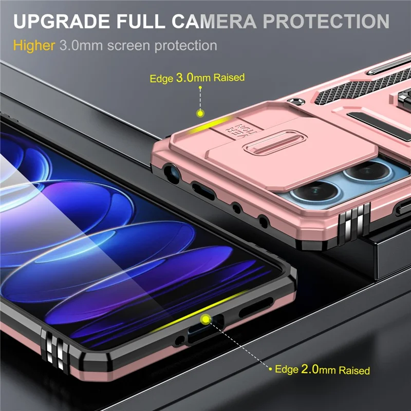 Série Armure pour Xiaomi Poco X5 Pro 5G / Redmi Note 12 Pro Speed 5G / Note 12 Pro 5G Couvercle de lentille coulissante Étui de téléphone avec support - Or rose