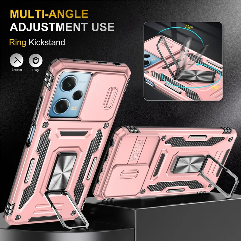 Série Armure pour Xiaomi Poco X5 Pro 5G / Redmi Note 12 Pro Speed 5G / Note 12 Pro 5G Couvercle de lentille coulissante Étui de téléphone avec support - Or rose