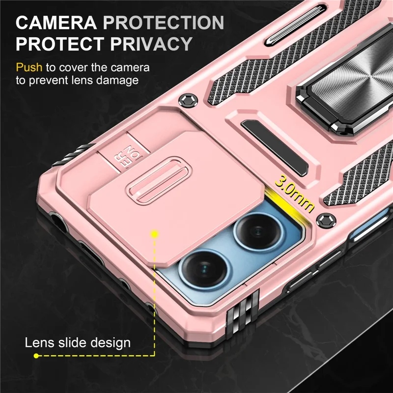 Série Armure pour Xiaomi Poco X5 Pro 5G / Redmi Note 12 Pro Speed 5G / Note 12 Pro 5G Couvercle de lentille coulissante Étui de téléphone avec support - Or rose